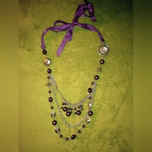 HANDMADE PURPLE AND SILVER RIBBON TIED THREE TIER NECKLACE